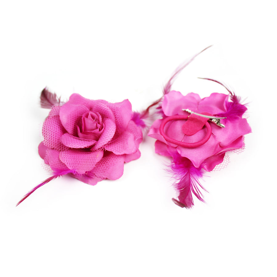 Pink Net Rose Hair Clip with Feathers