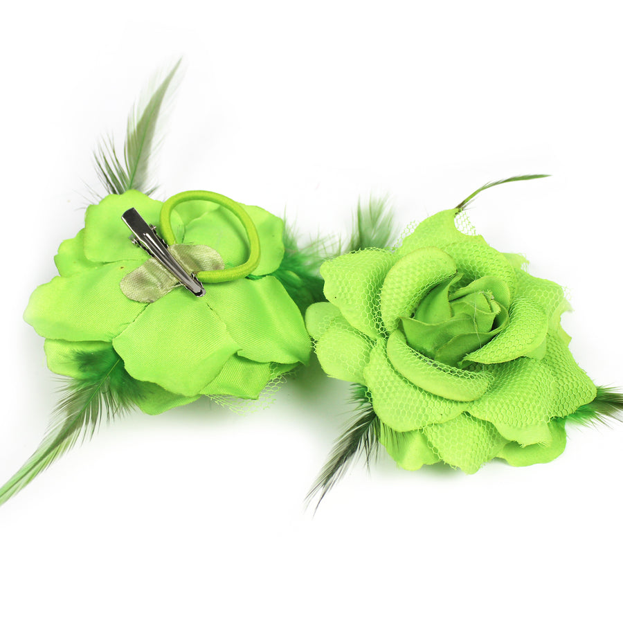 Green Net Rose Hair Clip with Feathers