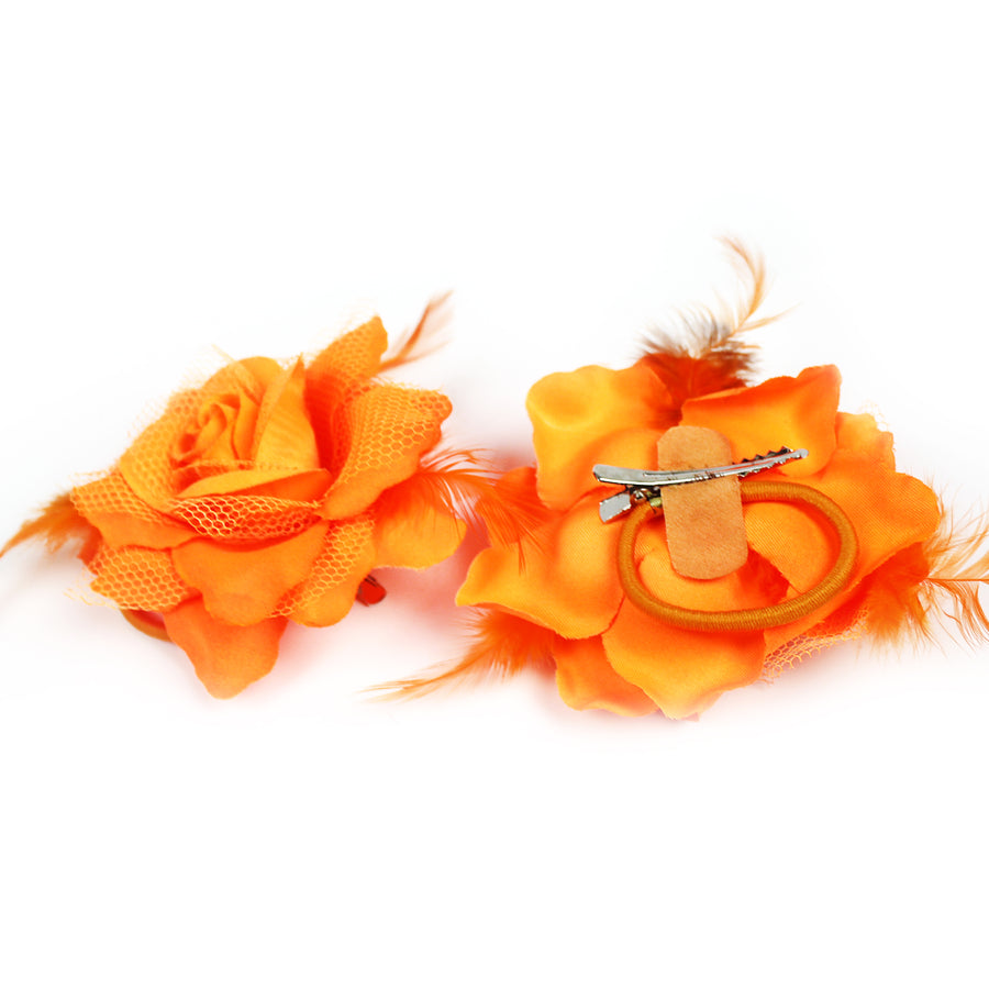 Orange Net Rose Hair Clip with Feathers
