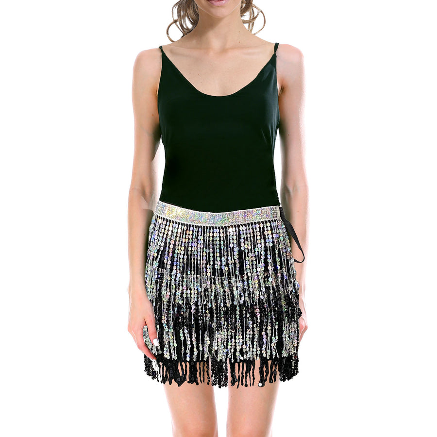 Sequin Fringe Skirt (Black/Silver)