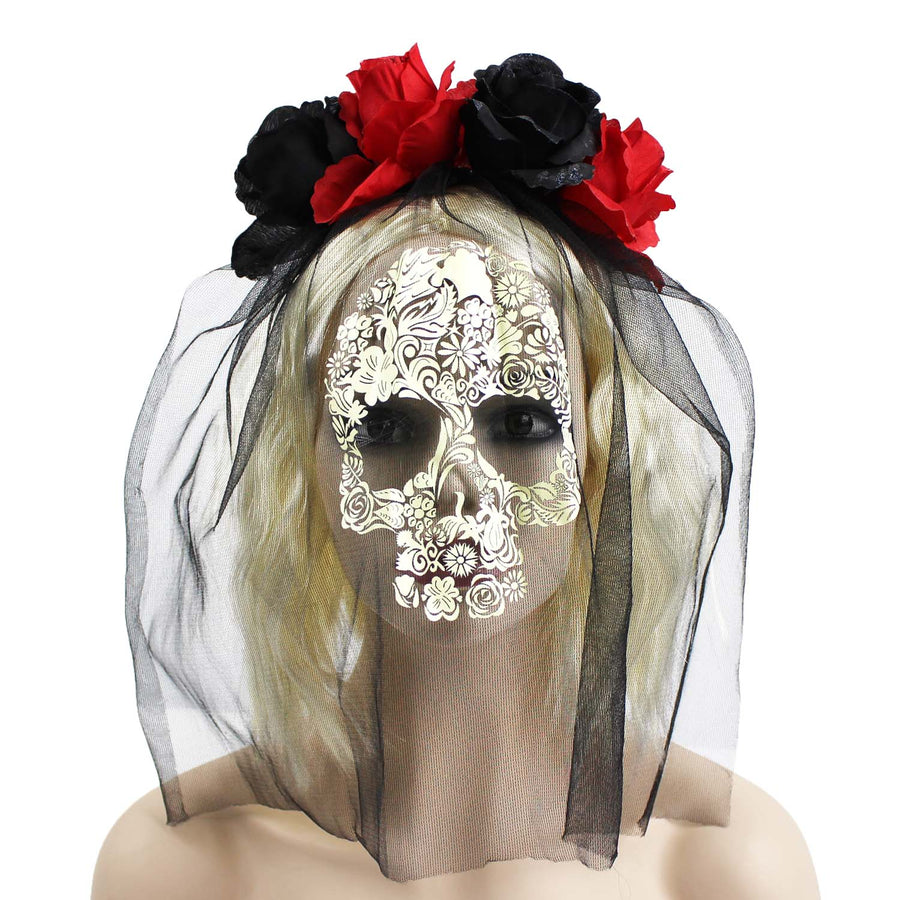 Day of the Dead Veiled Rose Headband (Black & Red)