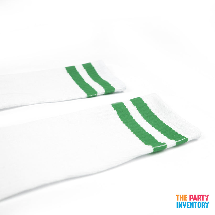 White Sports Socks with Green Stripe