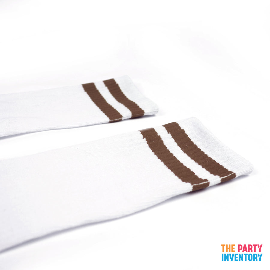 White Sports Socks with Dark Brown Stripe