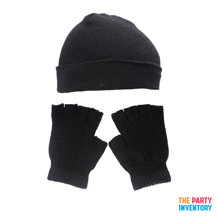 Classic Black Winter Beanie & Fingerless Gloves Set